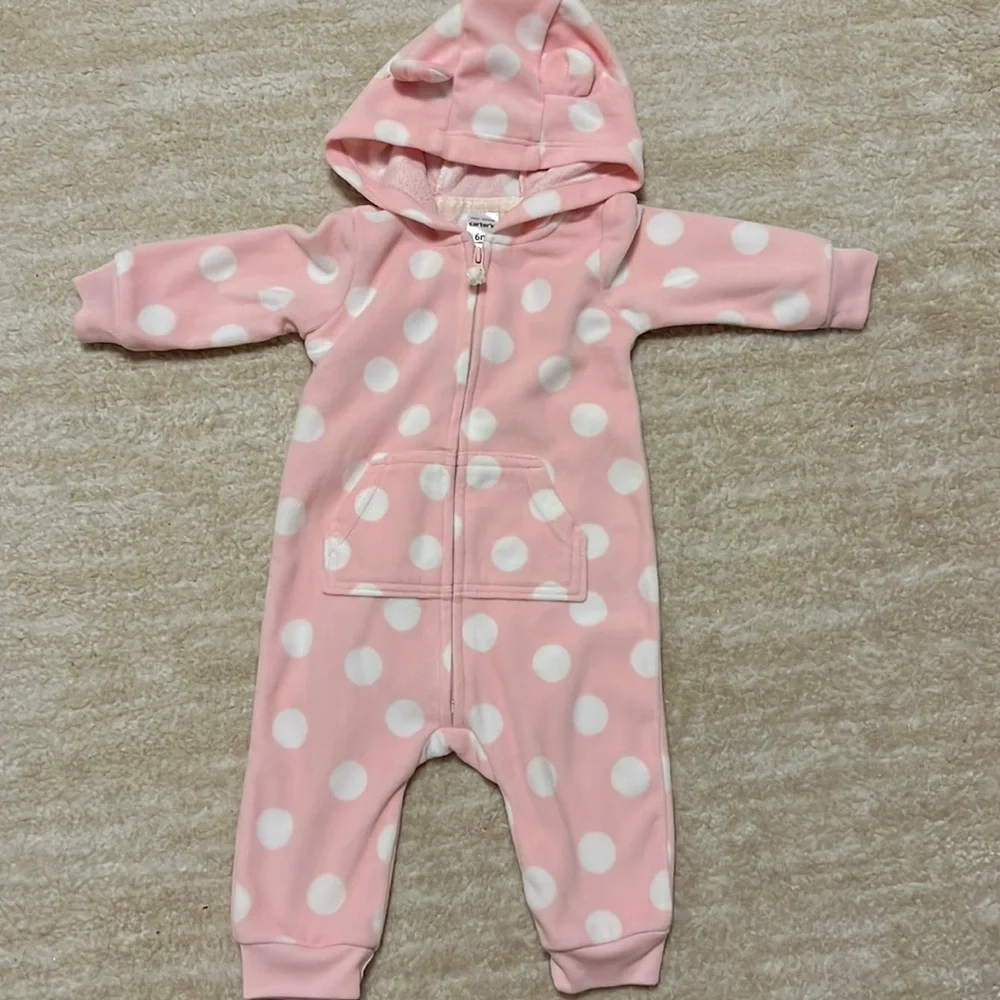 Adorable Carters Baby Girl Pink Fleece polka dot one piece with hood with ears!